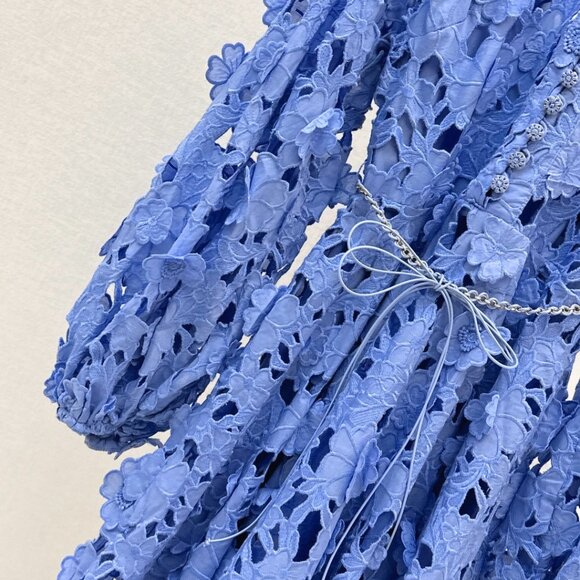 Zimmermann Blue Lace Mini Dress Long Sleeve Floral Lace Belted Dress - Picture 6 of 9